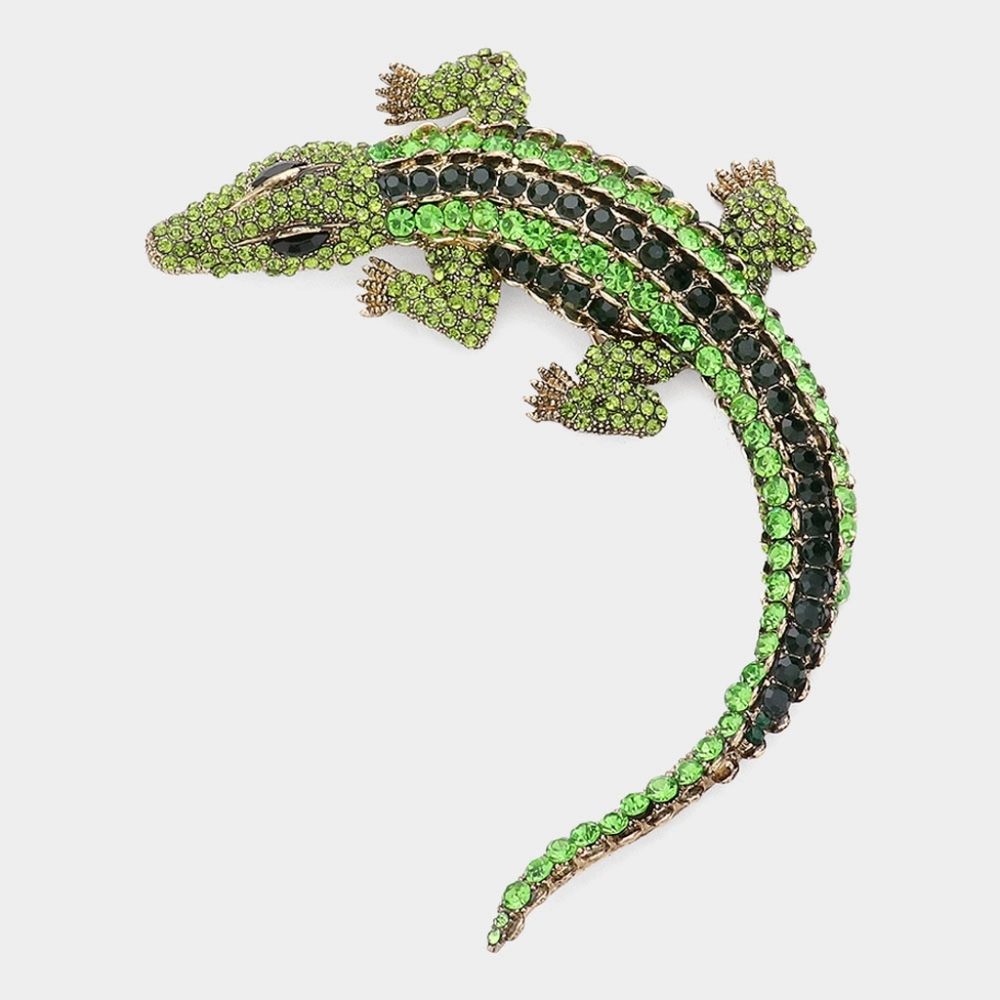 Green Crocodile Alligator Pave Crystal Bling 4.4" Brooch Pin Rhinestone